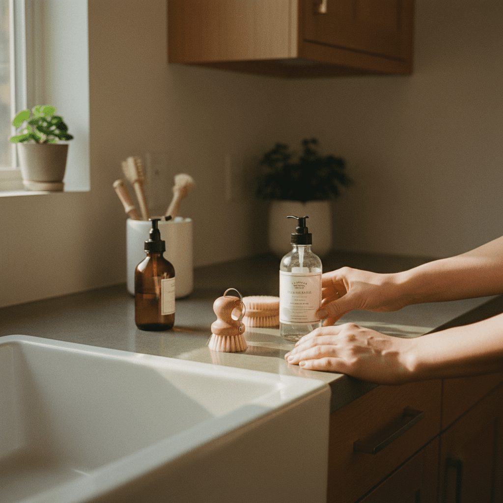 Residential kitchen counter being organized and cleaned