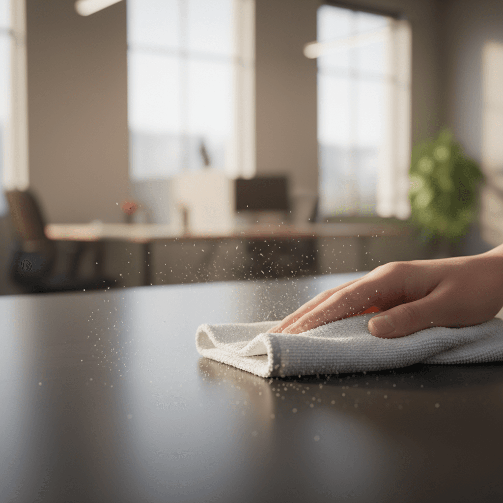 Office desk being cleaned with microfiber cloth